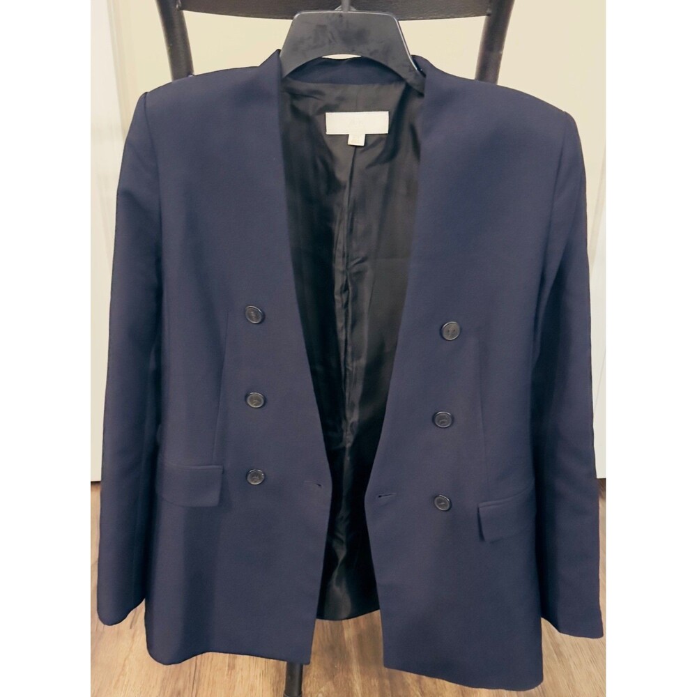 Zara Navy Blue Collarless Double Breasted Blazer Jacket Lined Size S